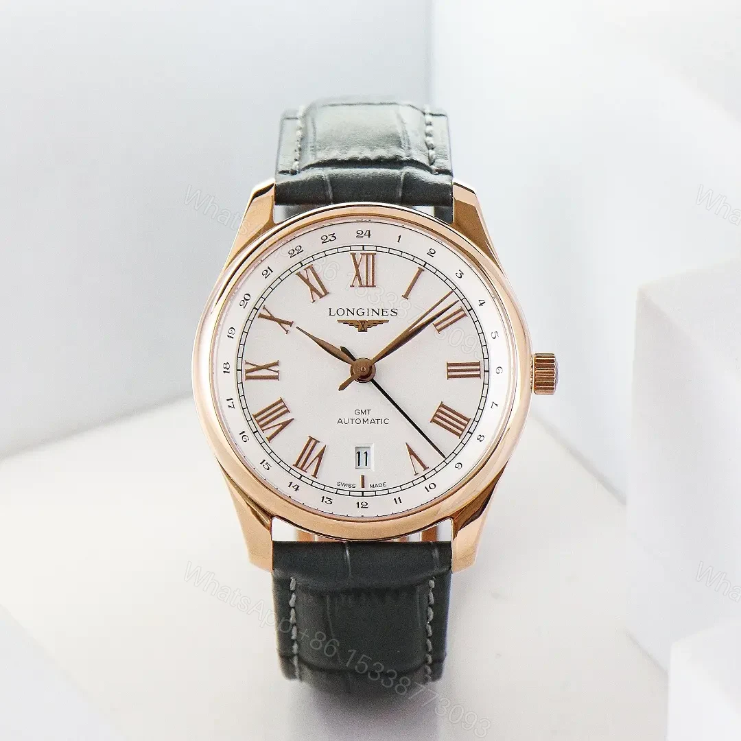 Longines Master Classic Reproduction GMT Dual Time Watch Rose Gold with White Dial Roman Numerals and Grey Italian Leather Strap — view 1