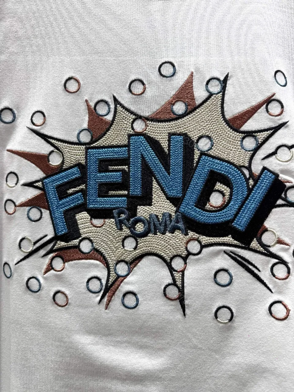 View 7 of White Cotton Tee — Pop Art Fendi Emblem, Graphic Statement Tee