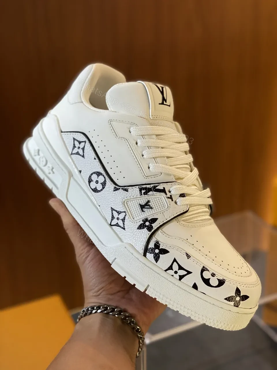 View 3 of White Leather LV-Patterned Sneakers: Luxe Monogram Streetwear