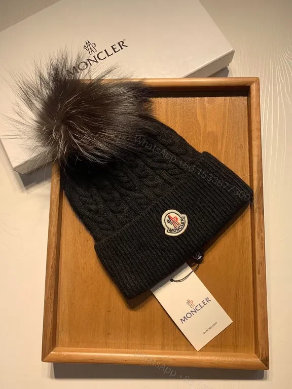 View 8 of Cozy Black Moncler Beanie: Plush Fur Pom-Pom Warm Wool-Blend Knit