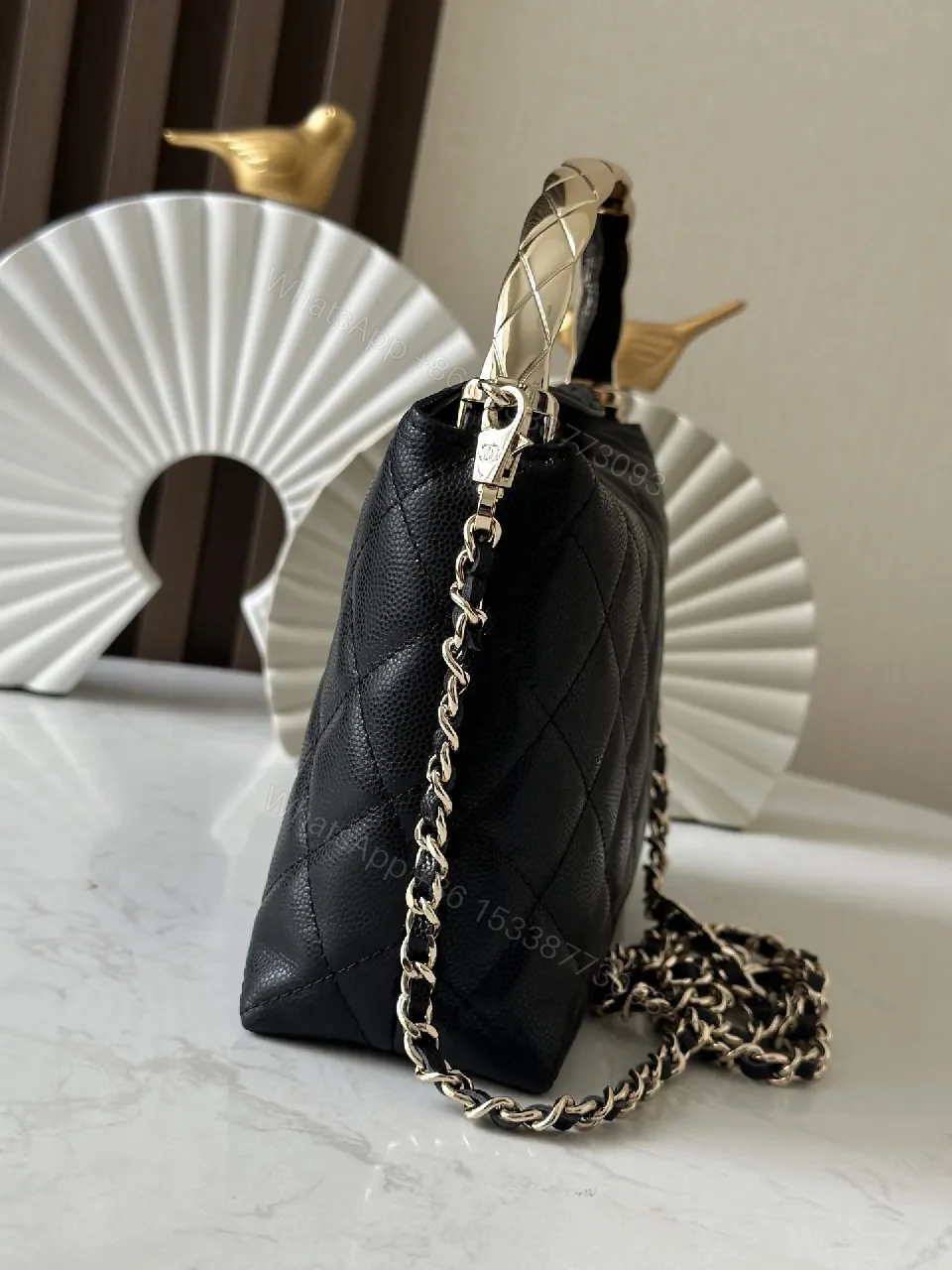 View 7 of Quilted Black Leather Bag with Gold Chain