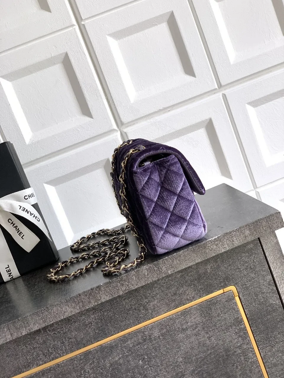 View 2 of Velvet Quilted Flap Bag with Gold Hardware - Chic Purple