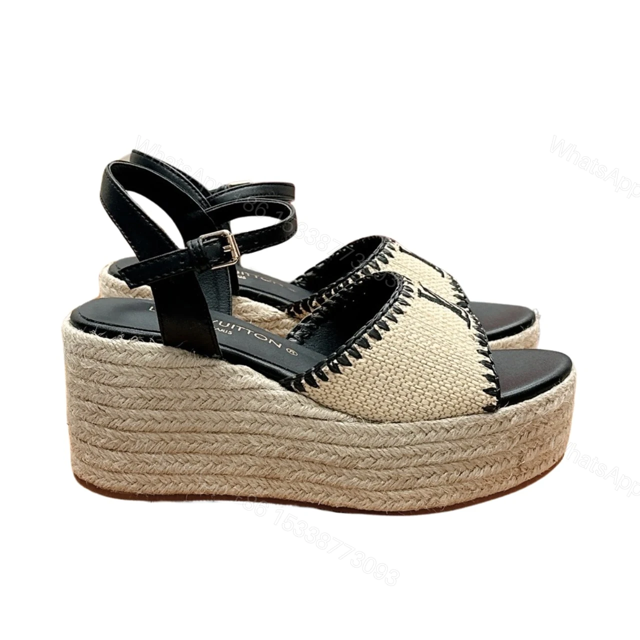 LOUIS VUITTON HELIOS WEDGE SANDAL RAFFIA BLACK — view 1