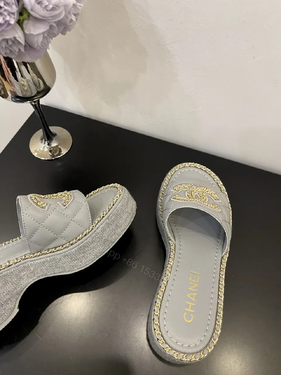 View 5 of Grey Leather Slip-On Sandals with Gold Chain Logo