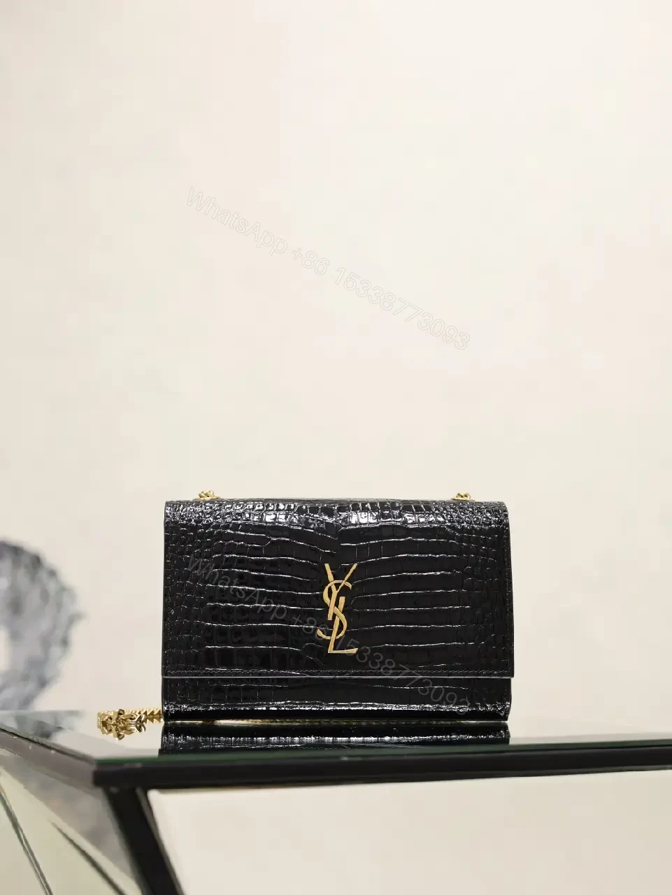 View 4 of Black Crocodile-Embossed Leather Mini Shoulder Bag with Gold YSL Logo