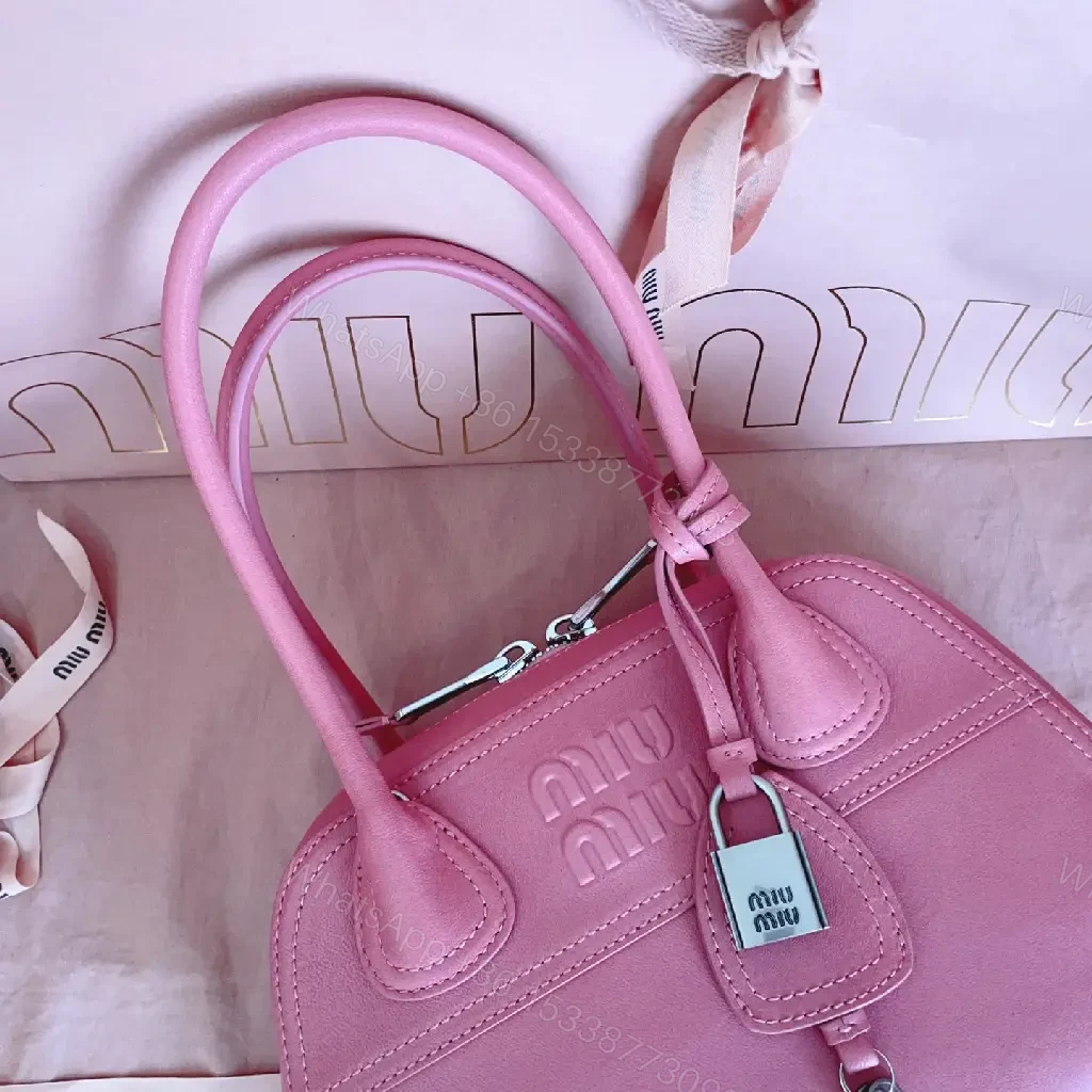 View 6 of Light Pink Leather Dome Satchel: Top-Handle Bag with Shoulder Strap