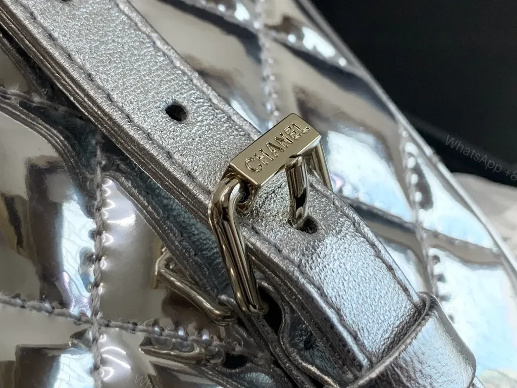 View 5 of Shimmer Quilted Chain Bag â€“ Silver Metallic, Luxe Chanel-Inspired Style