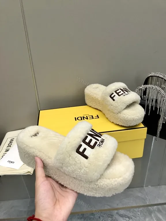 View 9 of Off-White Material: Fendi Shearling Slides - Cozy Luxe Footwear