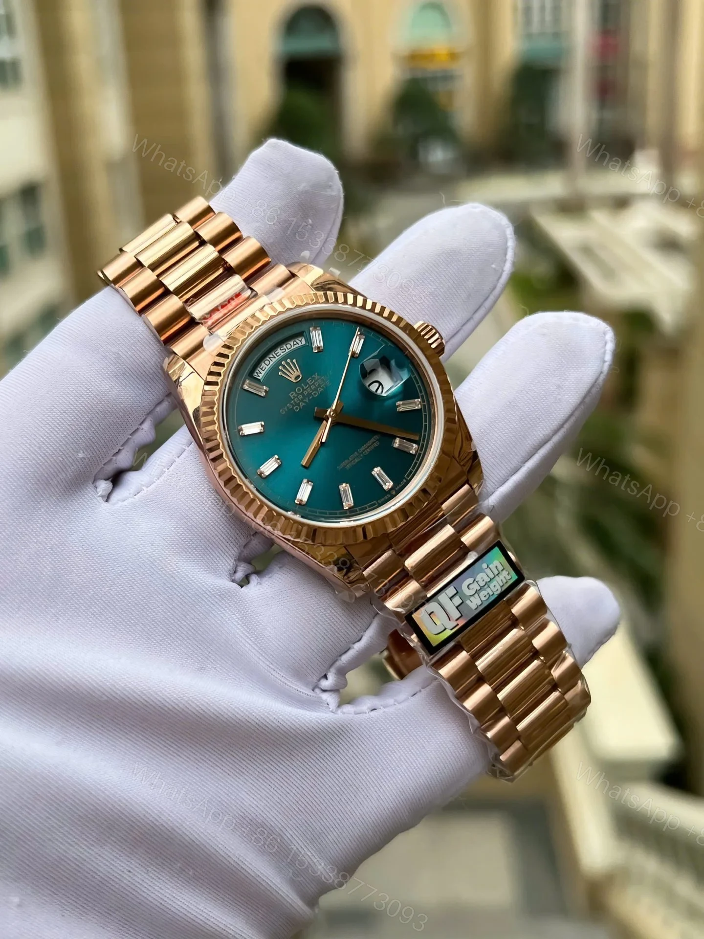 View 6 of Superclone Rolex Day-Date Blue-Green Diamond Dial 128235-0085 36 mm