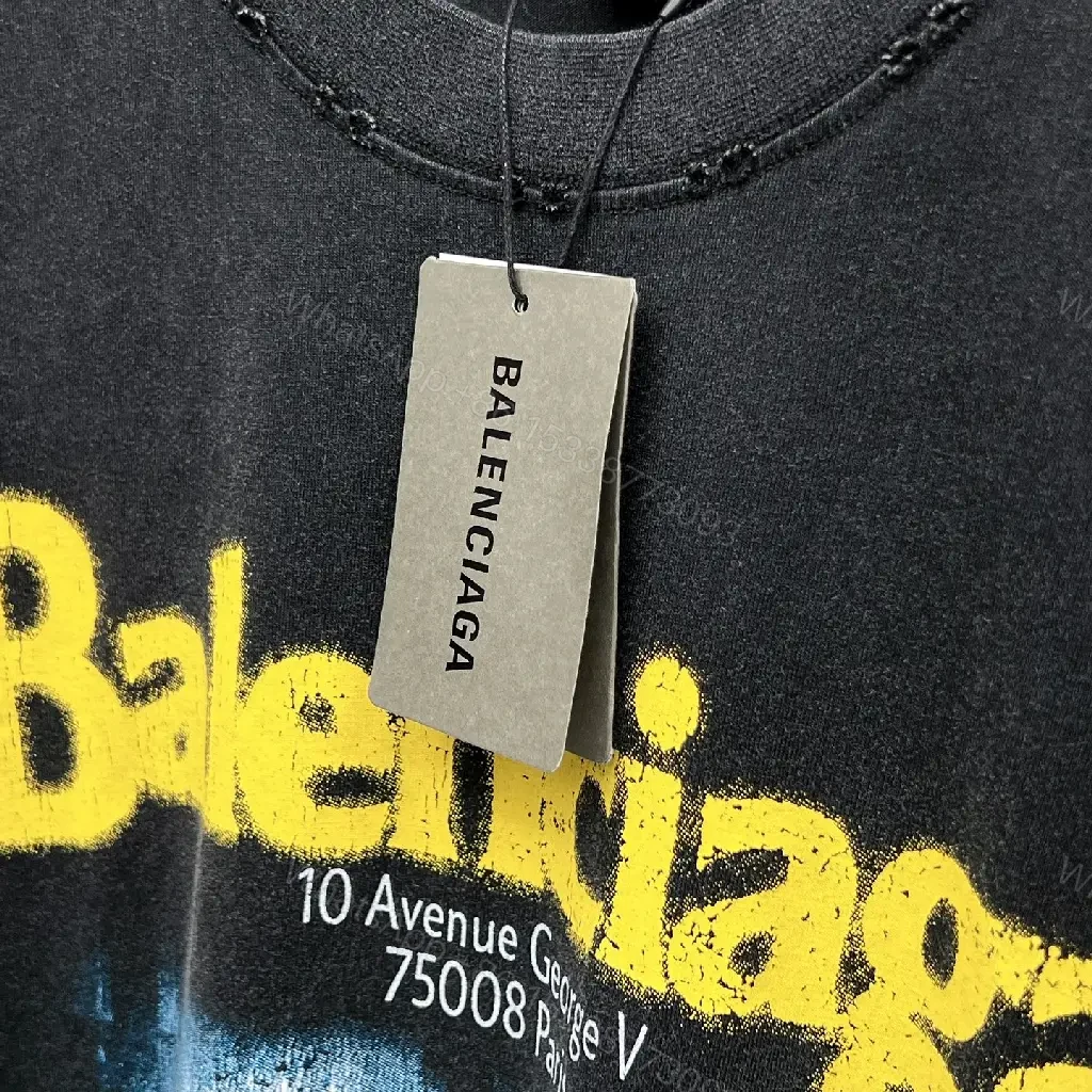 View 5 of Dark Charcoal/Black Oversized Graphic Tee with Yellow Balenciaga Logo