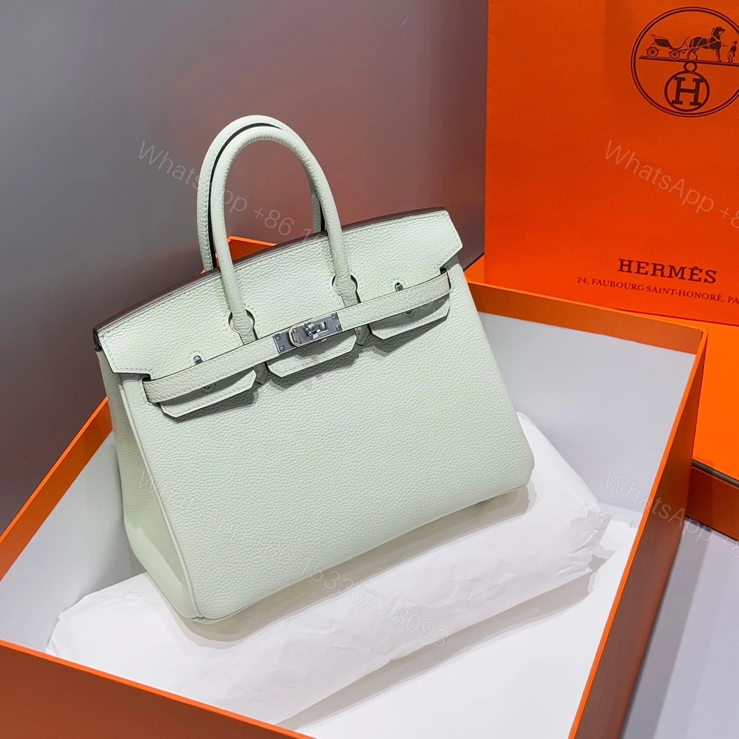 HERMES BIRKIN 25 IN LIGHT MINT GREEN SILVER HARDWARE — view 1