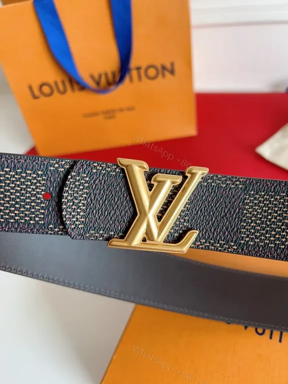 View 7 of Chic Damier-Texture Belt with LV Buckle, Luxury Leather