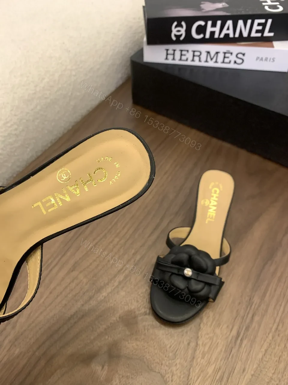 View 6 of Black Satin Slide with Floral Appliqué, Luxe Casual Slide