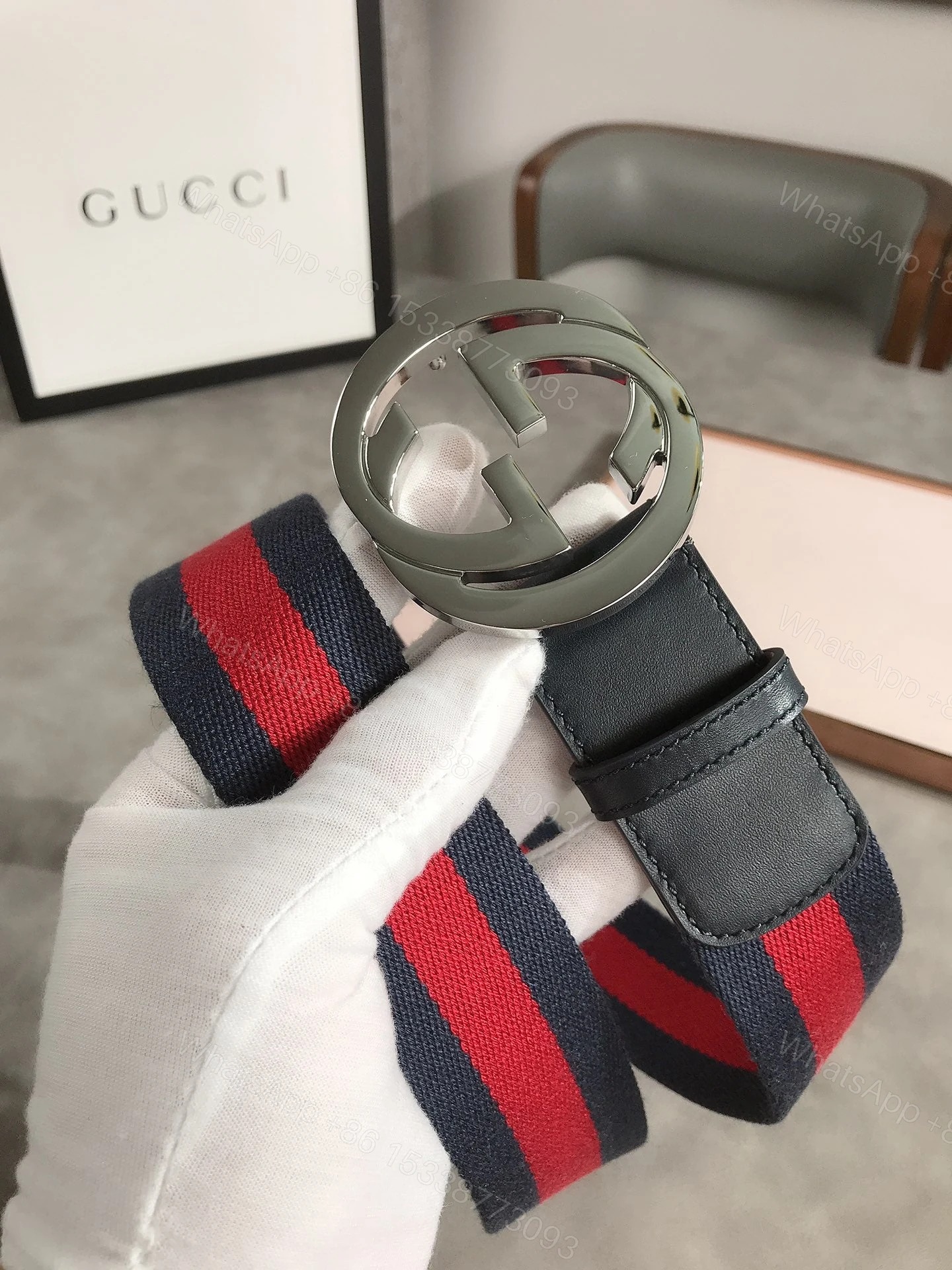 View 2 of GUCCI’S WEB BELT WITH G BUCKLE NAVY 4CM 411924 H917N 8497