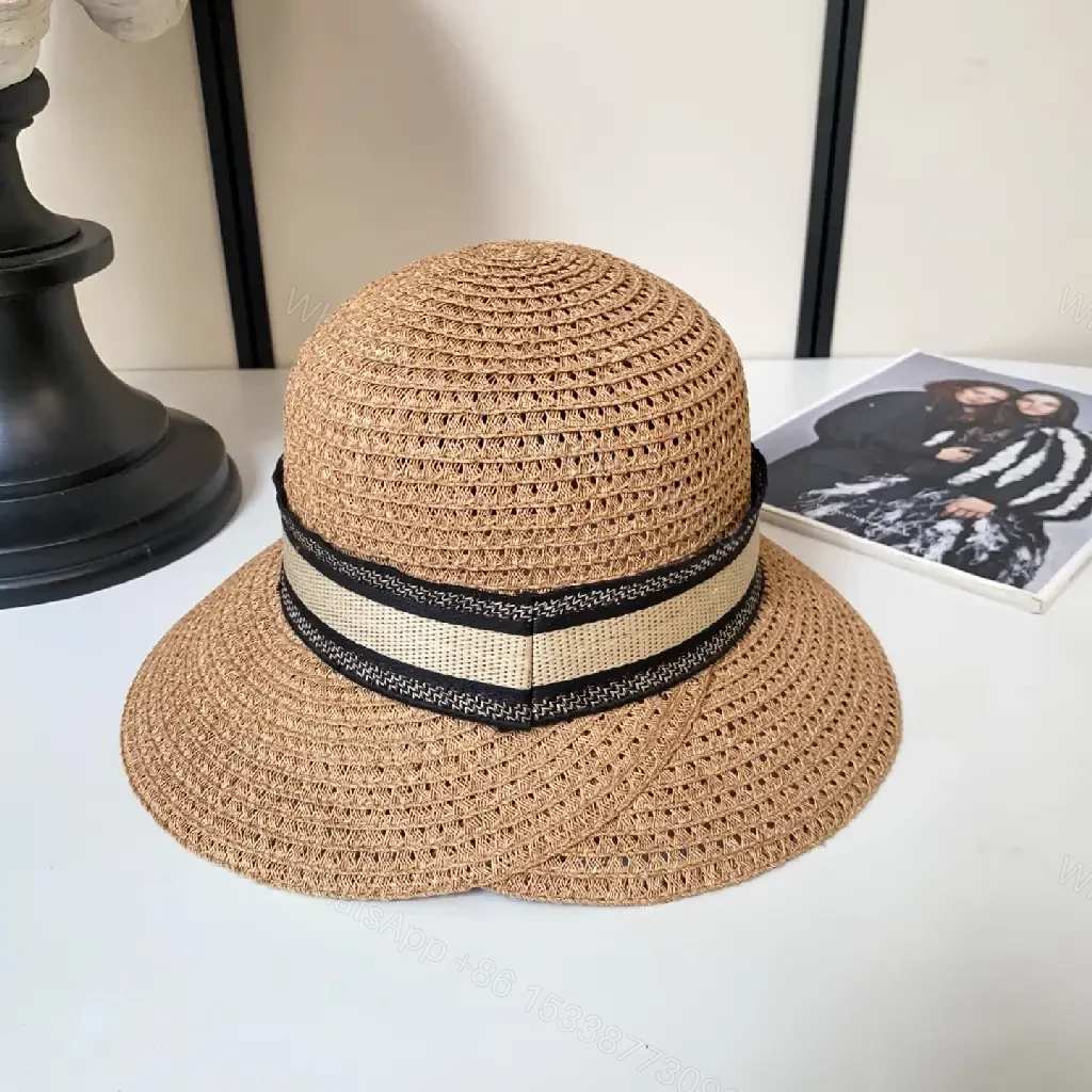 View 4 of Natural Tan Straw Hat • Crochet Lattice Texture • Boater Style • Wide Brim Sun Hat with Dior Band • Product Type: Hat