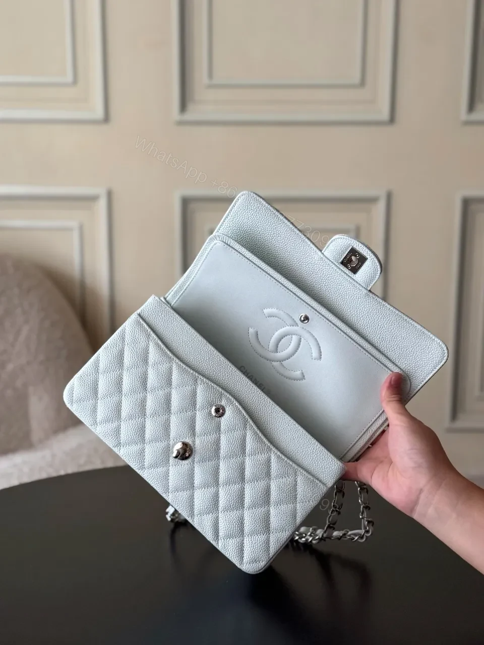 View 6 of Soft Hourglass Quilted Bag in Pale Blue - Everyday Luxury