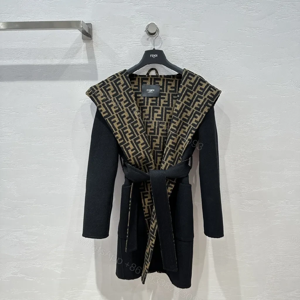 Bold Wool-Blend Wrap Coat with Logo-Pattern Overlay — view 1