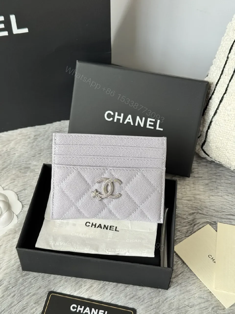 View 8 of Lilac Quilted Calf Leather Cardholder Wallet with Logo Hardware