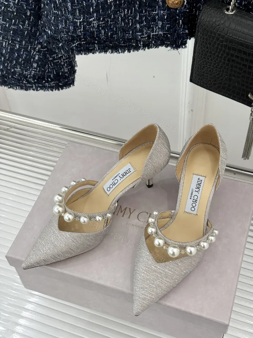 Pearl-Embellished Satin Pumps: Elegant Statement Heels — view 1