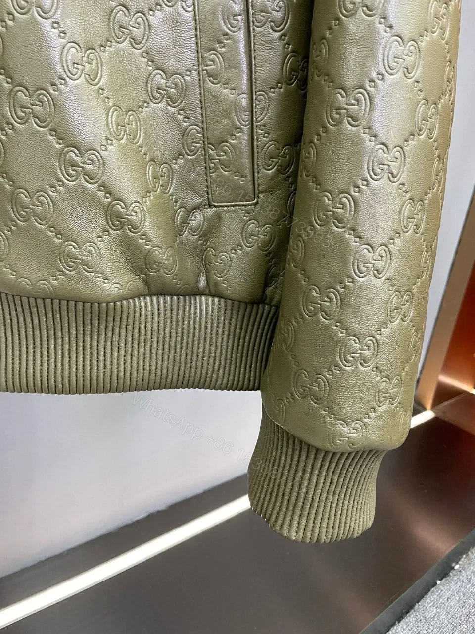 View 10 of Olive Quilted Jacket with Off-White Shearling Collar
