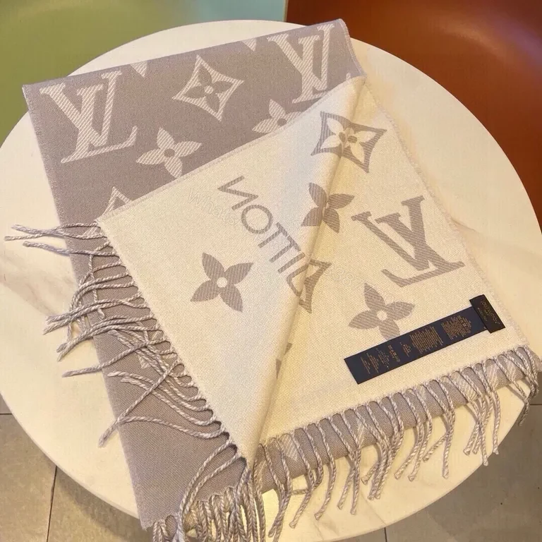 View 9 of Taupe Wool Luxury Scarf: Monogram Fringe Luxury Accessory
