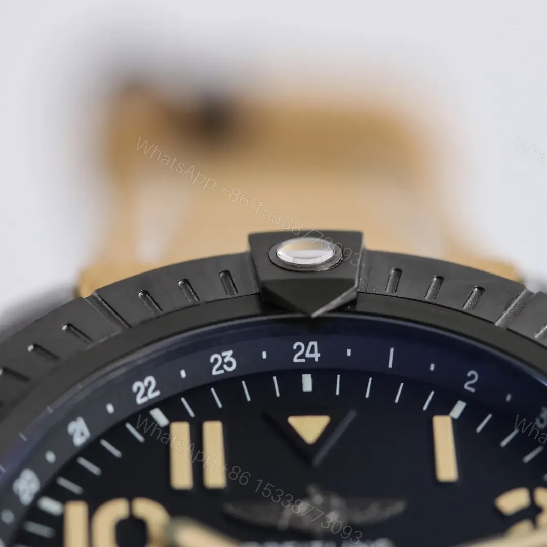 View 5 of V9 Factory Breitling Avenger Automatic GMT 45 Night Mission Watch – Black DLC Titanium Case, Beige Leather Strap, Super-LumiNova Arabic Numerals