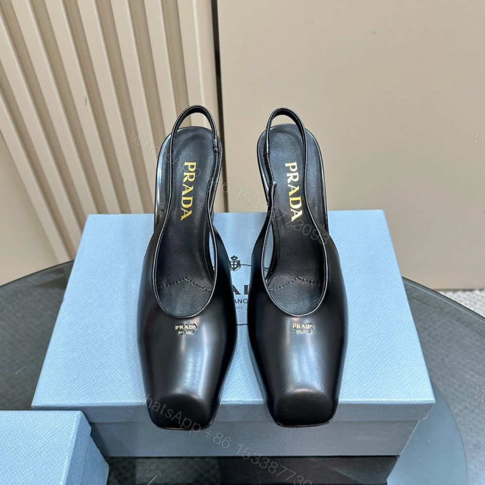 View 2 of 高仿Prada*1I838M方頭粗踭露跟鞋8.5CM小牛皮黑色免檢版