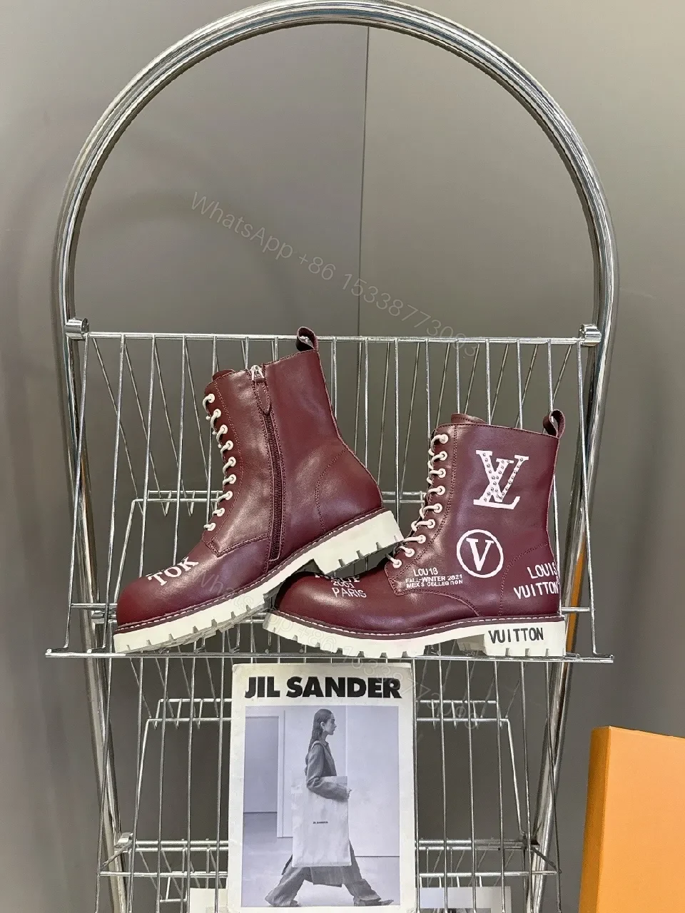 View 7 of Bold Burgundy Combat Boots with Contrast Stitching and Zipper