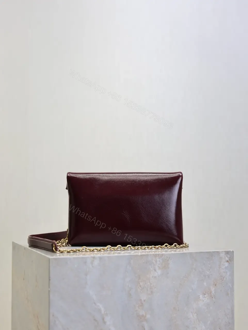 View 6 of Burgundy Leather Crossbody, Satin-Gloss, Gold Hardware, Chic Couture