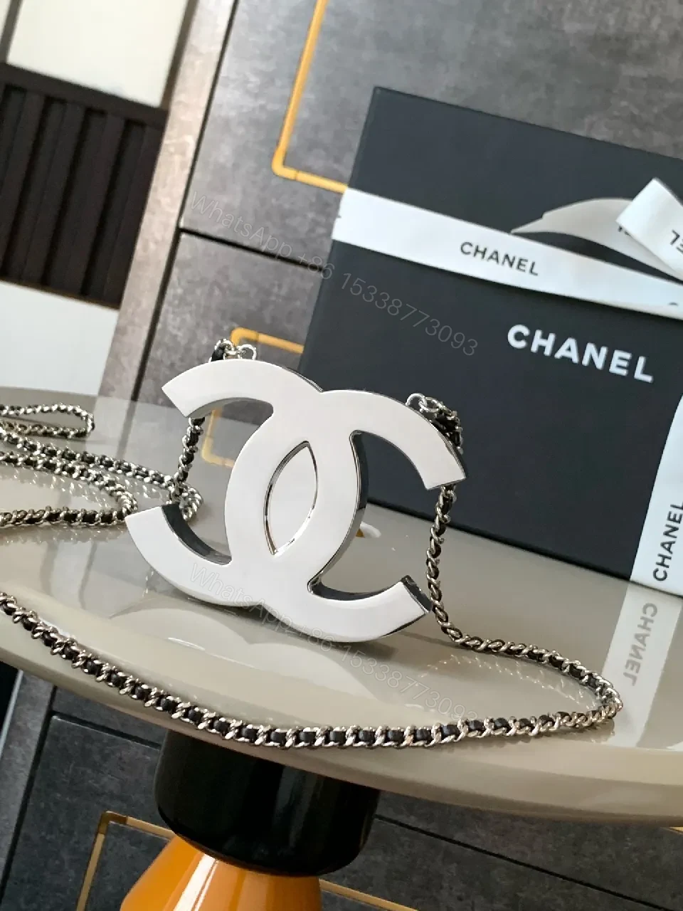 View 8 of Bold Silver Chain & Logo Necklace Set - Statement Piece