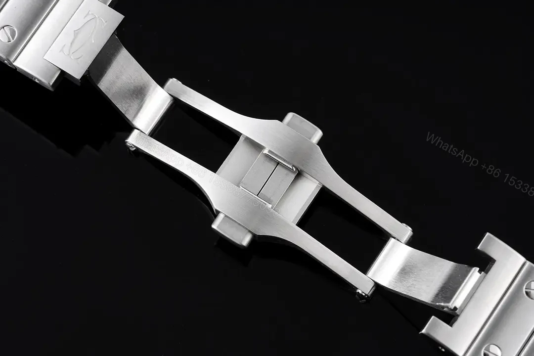 View 9 of JF Factory Santos de Cartier Women’s Watch – Stainless Steel Case, White Roman Dial, Blue Steel Sword Hands, Sapphire Crystal, Interchangeable Stainless Steel and Leather Straps, QuickSwitch System, Double Folding Clasp, 35.1mm x 8.83mm, 100m Water Resistant