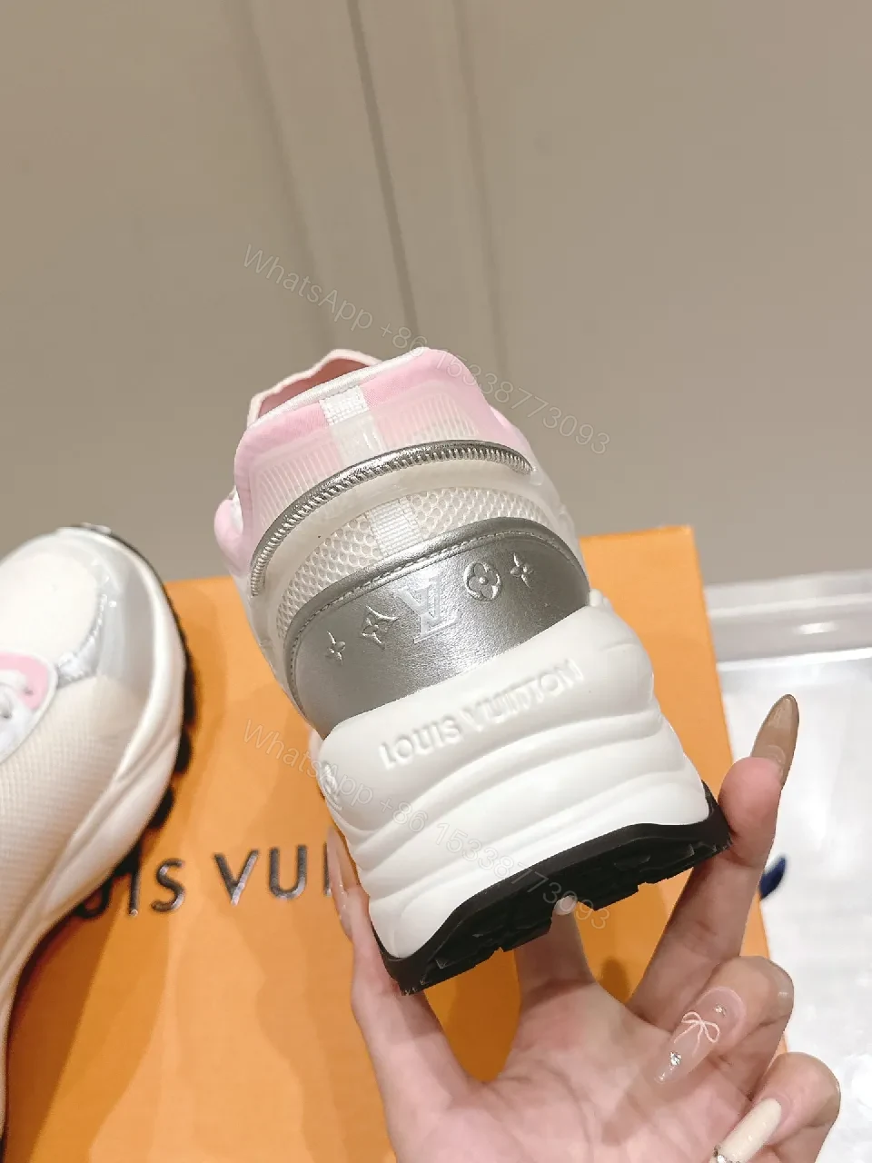 View 8 of White Pink Luxe Sneakers with LV-Style Detailing