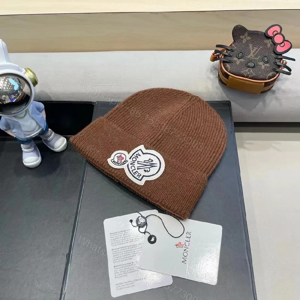 View 2 of Cocoa Ribbed Knit Beanie - Luxury Moncler-Inspired Patch Vestment