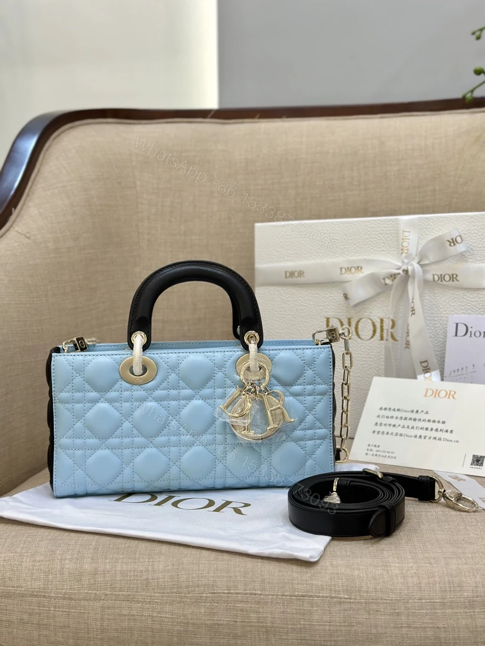 View 9 of Dior D-Joy Women’s Handbag, Ice Blue Cowhide Leather, Like Auth 26cm