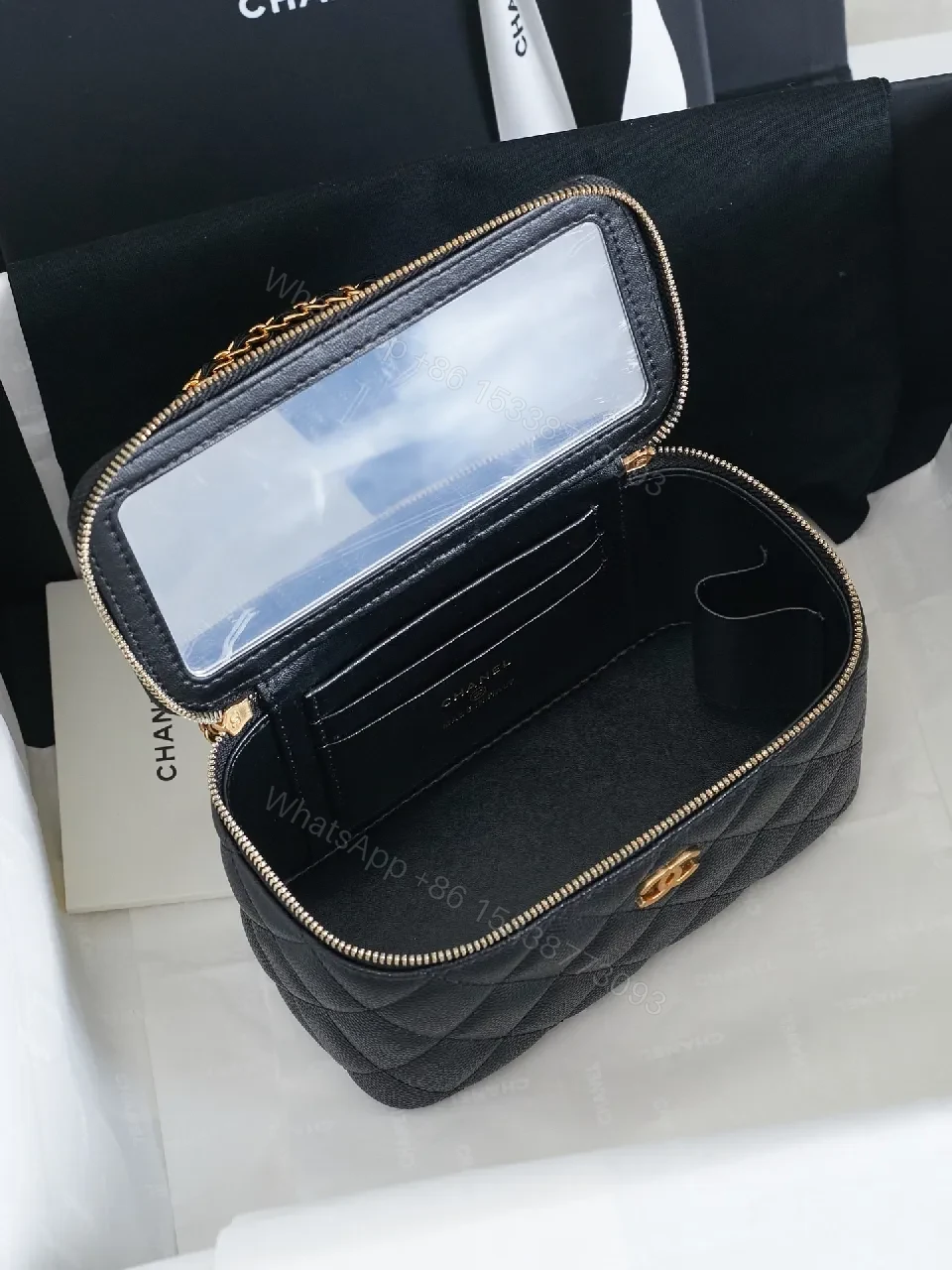 View 5 of Quilted Black Leather Mini Bag: Gold Chain, Iconic CC