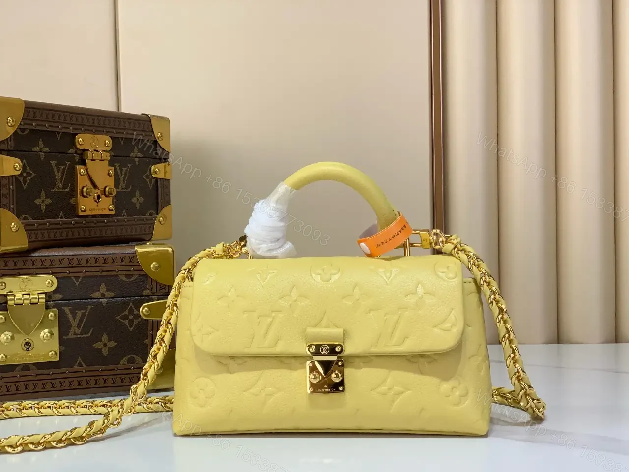 View 8 of Pale Yellow Embossed Satchel: Lux Vintage Top-Handle Bag