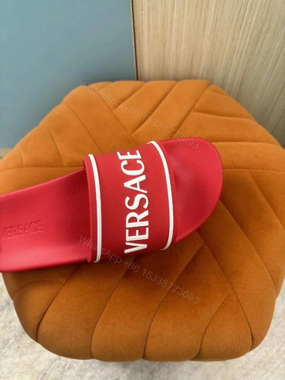 View 3 of Bold Red Luxury Slide with Signature Versaace Stride