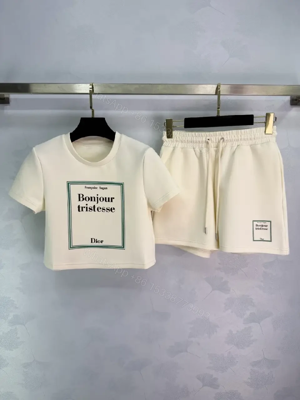 View 8 of Ivory Cotton Casual Set with Drawstring Shorts, Dior Box Logo Tee
