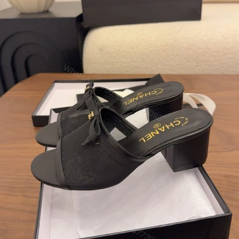 View 2 of Chanel Mesh Bow Block Heel Mules Black