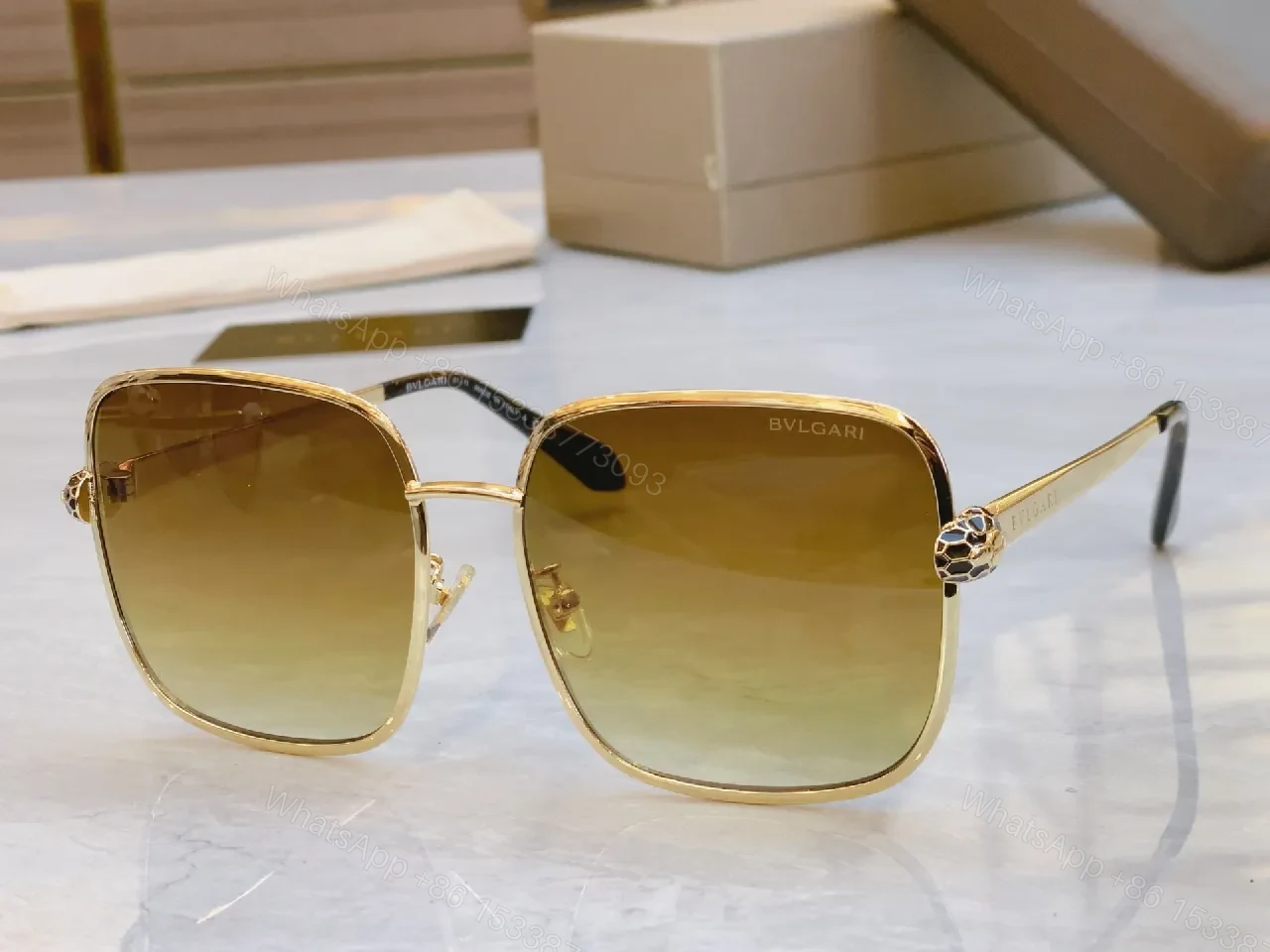 View 8 of Gold-Textured Square-Frame Sunglasses with Polarized Lenses