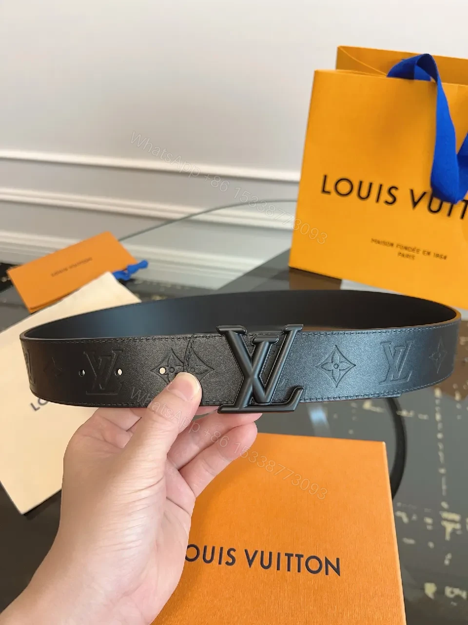 View 4 of Black Monogram Belt: Signature Buckle, Full-Grain Leather