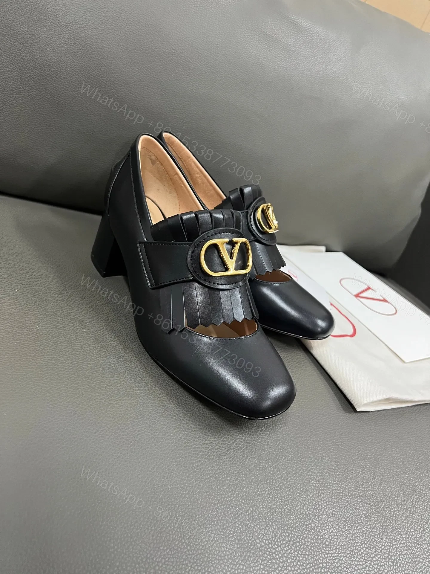 View 3 of Valentino Women Black Leather Fringe Loafers