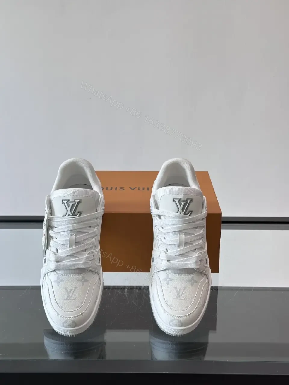 View 4 of White Leather High-Top Sneakers: Luxe Comfort, Monogram Pattern