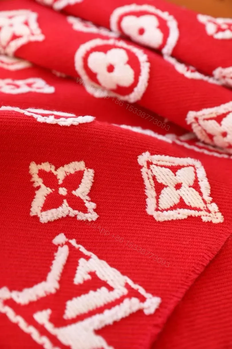 View 6 of Bold Red Monogram Silk-Blend Scarf with Luxe Fringe Accent