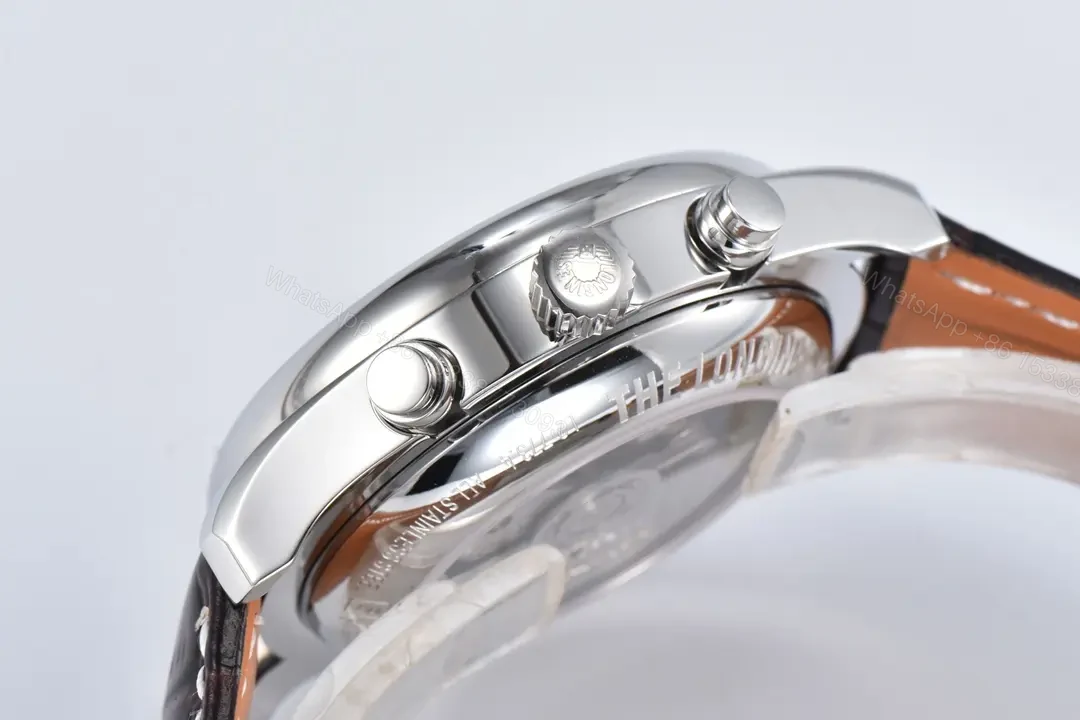 View 6 of Longines Master Collection Moonphase Chronograph Watch Silver Dial Blue Hands Brown Leather Strap 42mm Case