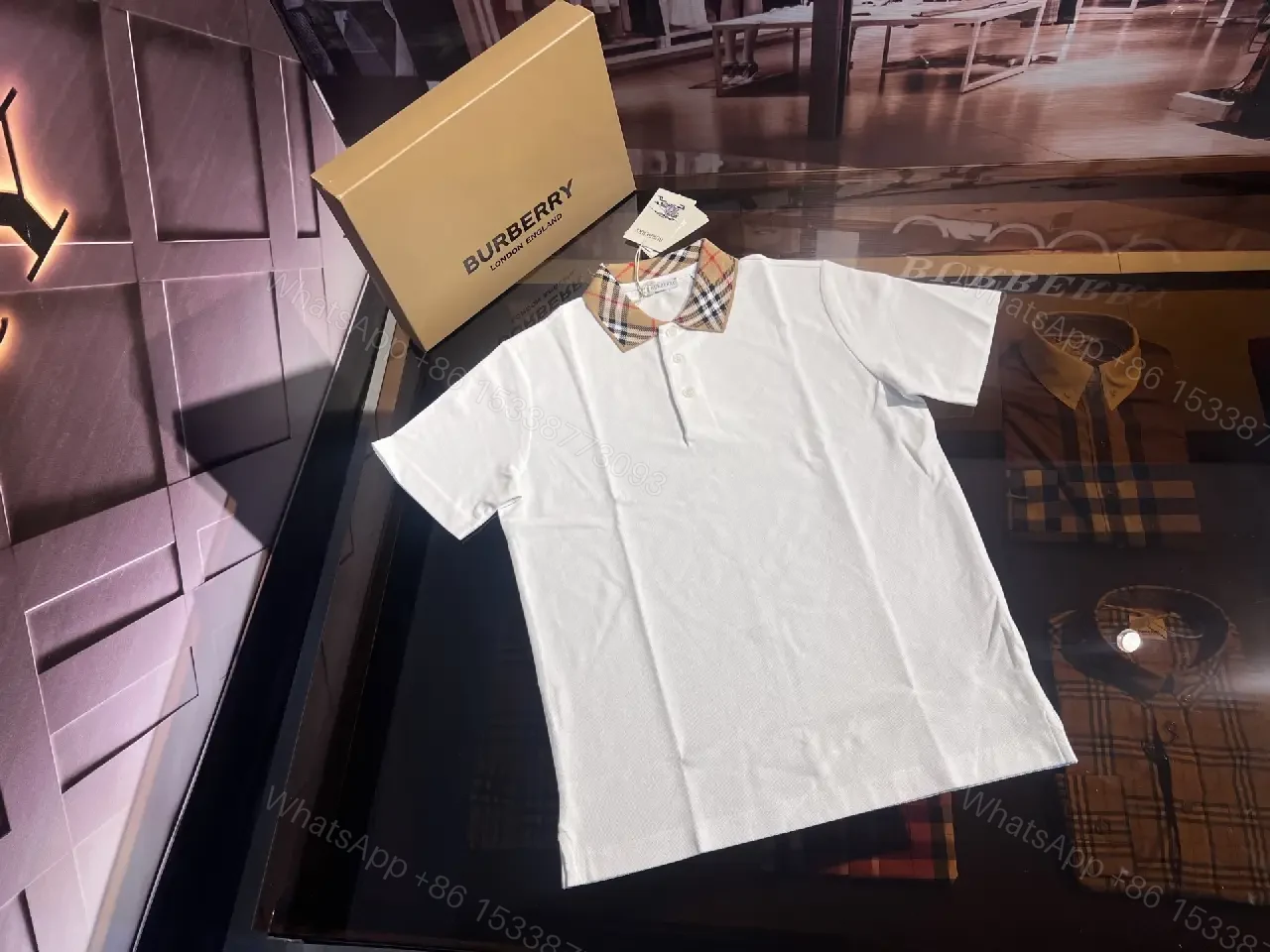 View 6 of White Piqué Polo with Signature Check Collar - Contemporary Luxury