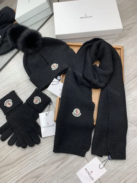 View 8 of Moncler Black Knit Winter Accessories Set: Beanie, Scarf, Gloves