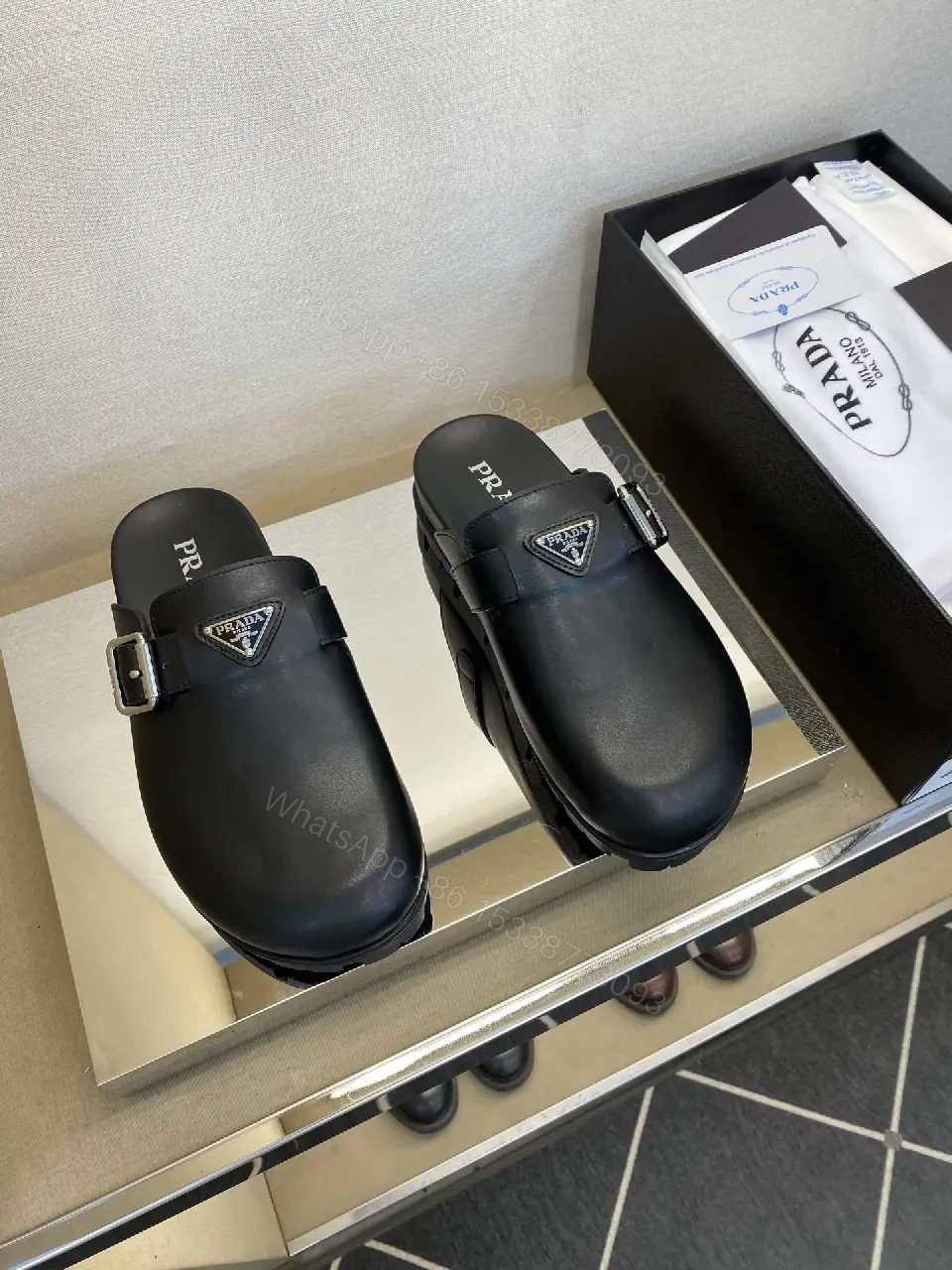 View 10 of Black Leather Slip-ons Mens Prada Style Buckle Sandals