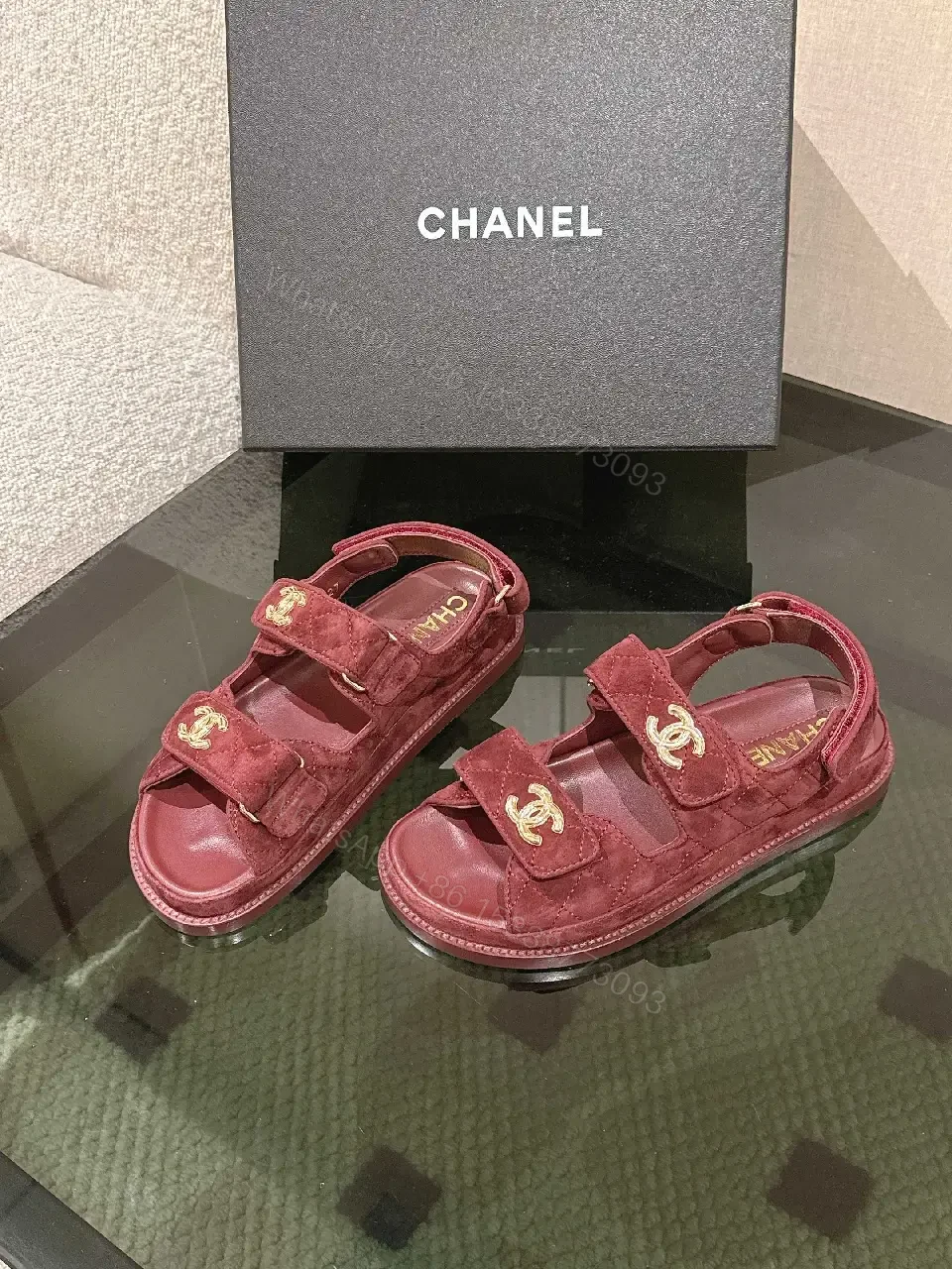 View 4 of Textured Burgundy Suede Slides with Gold Hardware - Luxe Comfort