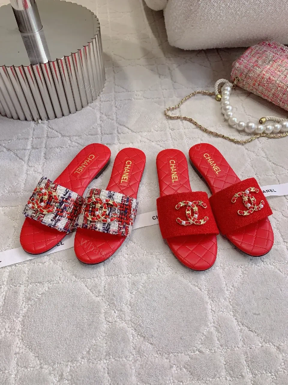 Red Textured Slides with Logo Straps, Luxury Chic Slip-Ons — view 1